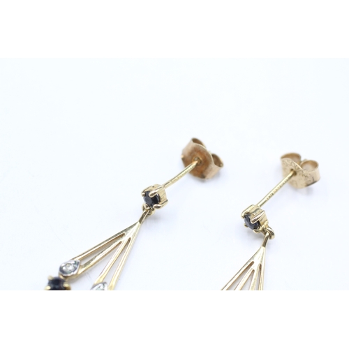 140 - 9ct gold sapphire and diamond drop stud earrings (1.5g)