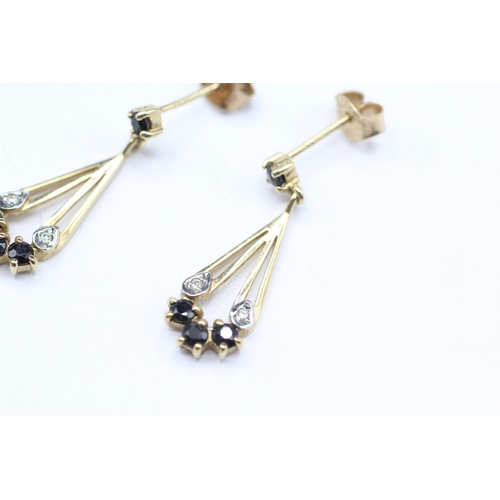 140 - 9ct gold sapphire and diamond drop stud earrings (1.5g)