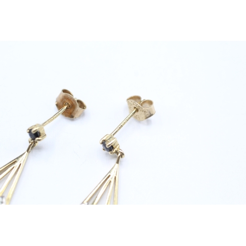 140 - 9ct gold sapphire and diamond drop stud earrings (1.5g)