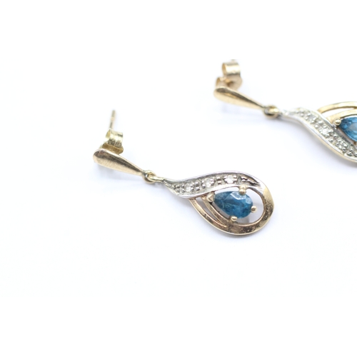 164 - 9ct gold blue gemstone and diamond drop stud earrings (1.6g)