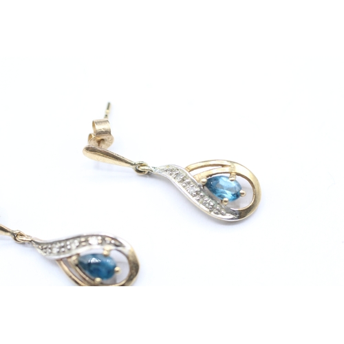 164 - 9ct gold blue gemstone and diamond drop stud earrings (1.6g)