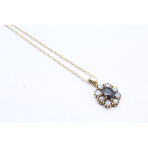 165 - 9ct gold sapphire & opal cluster pendant necklace (2.3g)