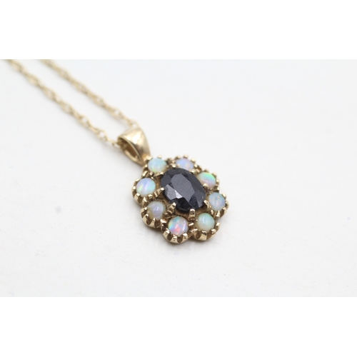 165 - 9ct gold sapphire & opal cluster pendant necklace (2.3g)