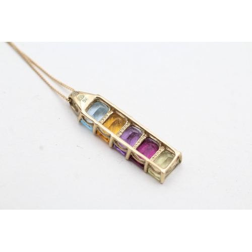 173 - 9ct gold multi-gemstone drop pendant necklace, gemstones including blue topaz, amethyst & citrine (2... 