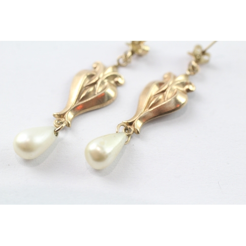 187 - 9ct gold faux pearl drop earrings (1.2g)