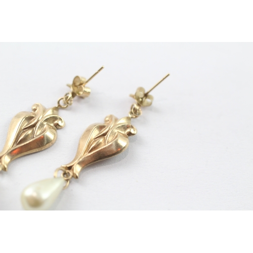 187 - 9ct gold faux pearl drop earrings (1.2g)