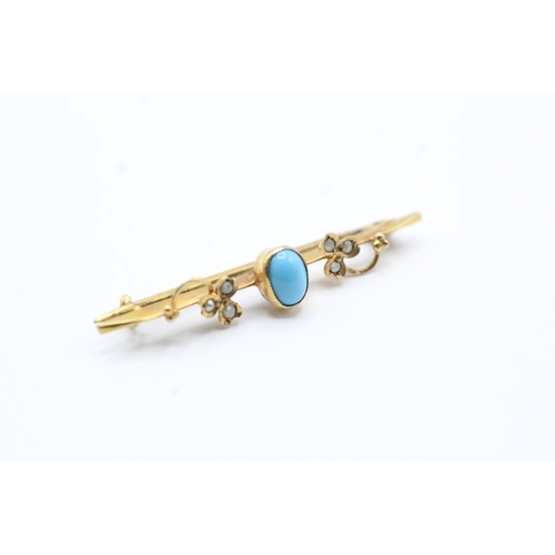 196 - 9ct gold blue gemstone and split pearl brooch (1.1g)