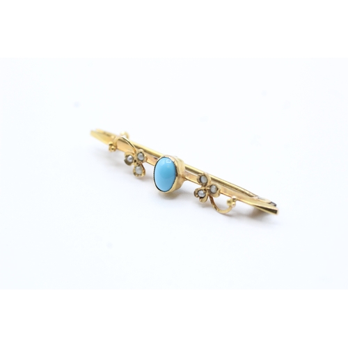 196 - 9ct gold blue gemstone and split pearl brooch (1.1g)