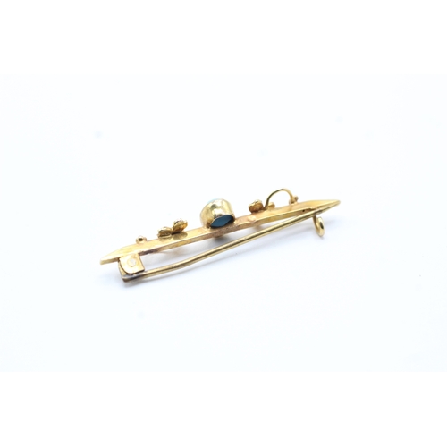 196 - 9ct gold blue gemstone and split pearl brooch (1.1g)