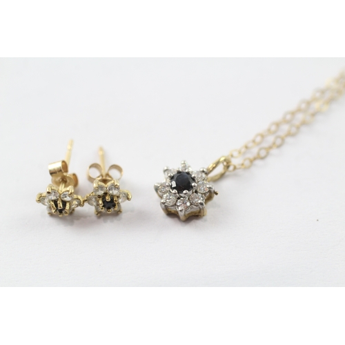 25 - 2 x 9ct gold sapphire and cubic zirconia necklace and earring set (1.9g)