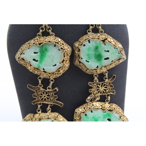 255 - Pair of Silver Chinese Export Jade Drop Earrings 16g