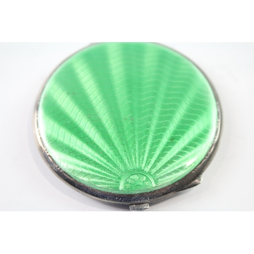 319 - ART DECO 1936 Birmingham Sterling Silver Green Guilloche Enamel Compact (82g)