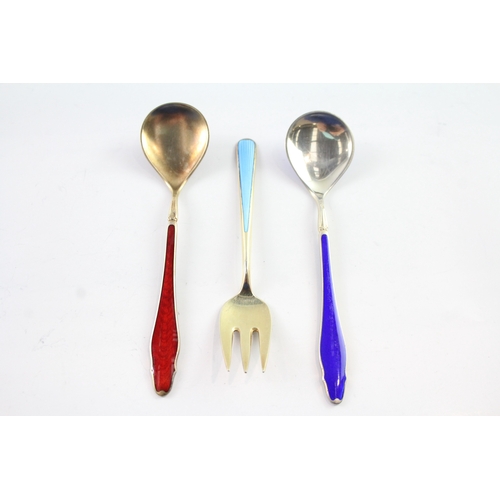 345 - 3 x Vintage .925 Sterling Silver Guilloche Enamel Spoons & Fork Inc Denmark 62g