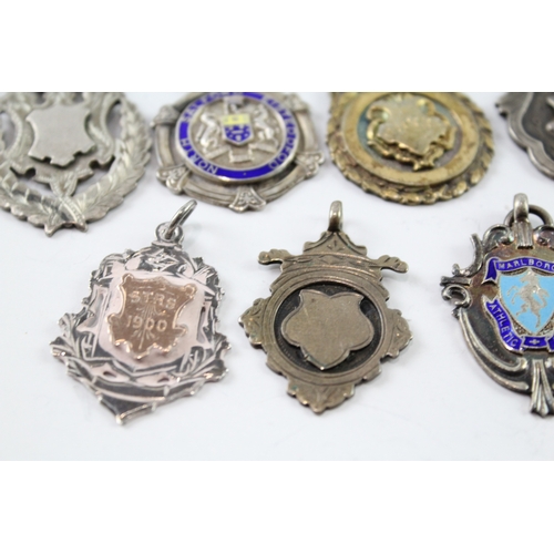 346 - 8 x Antique / Vintage .925 Sterling Silver Fobs / Medallions Inc Enamel (74g)