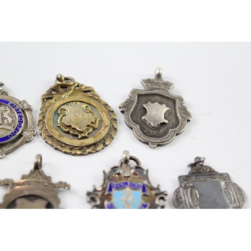 346 - 8 x Antique / Vintage .925 Sterling Silver Fobs / Medallions Inc Enamel (74g)