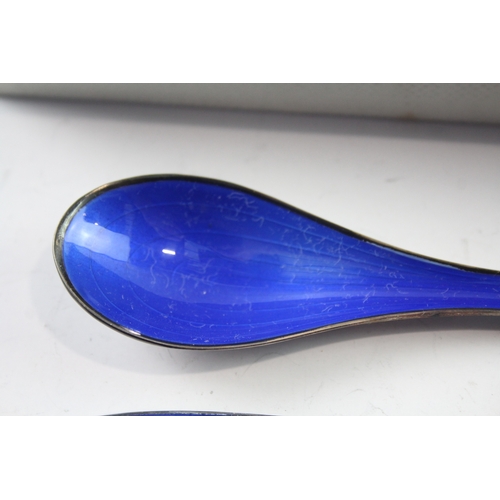 347 - 2 x Vintage .925 Sterling Silver Jacob Tostrup Blue Guilloche Enamel Spoons 64g