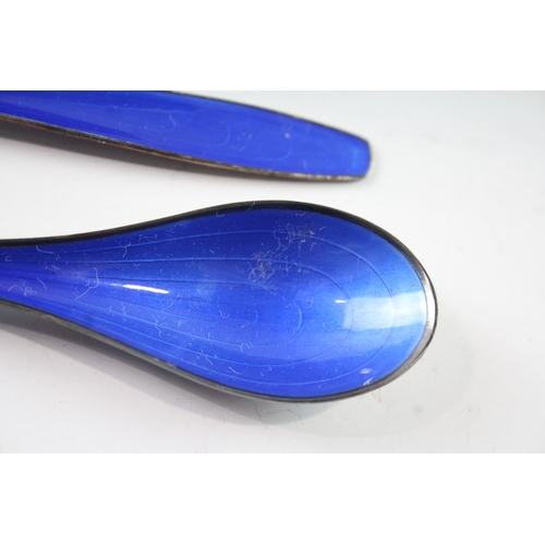 347 - 2 x Vintage .925 Sterling Silver Jacob Tostrup Blue Guilloche Enamel Spoons 64g