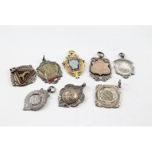 349 - 8 x Antique / Vintage .925 Sterling Silver Fobs / Medallions Inc Enamel (64g)