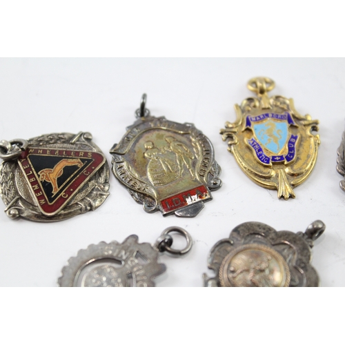 349 - 8 x Antique / Vintage .925 Sterling Silver Fobs / Medallions Inc Enamel (64g)