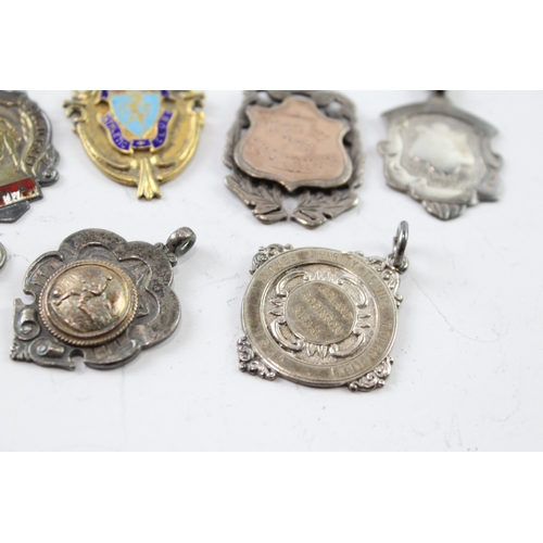 349 - 8 x Antique / Vintage .925 Sterling Silver Fobs / Medallions Inc Enamel (64g)