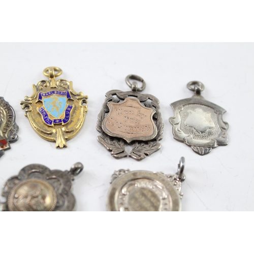 349 - 8 x Antique / Vintage .925 Sterling Silver Fobs / Medallions Inc Enamel (64g)