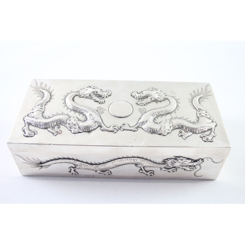 366 - Antique .950 Chinese Export Silver Dragon Detailed Cigarette Box (373g)