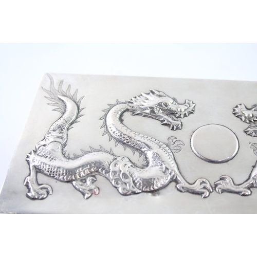 366 - Antique .950 Chinese Export Silver Dragon Detailed Cigarette Box (373g)