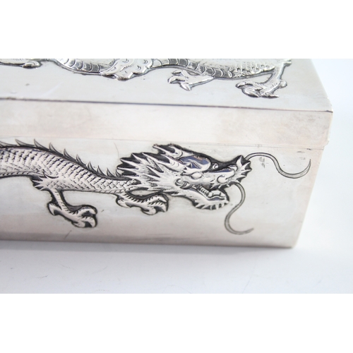 366 - Antique .950 Chinese Export Silver Dragon Detailed Cigarette Box (373g)