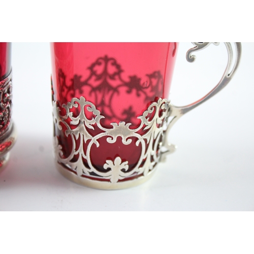 371 - 3 x Antique Hallmarked .925 Sterling Silver Detailed  & Red Glass Jar + Cup 76g