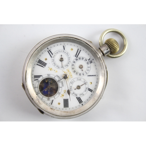 441 - Vintage 935 Silver Triple Calendar Pocket Watch Hand-Wind Requires Repairs