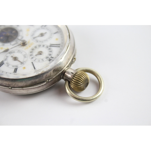 441 - Vintage 935 Silver Triple Calendar Pocket Watch Hand-Wind Requires Repairs