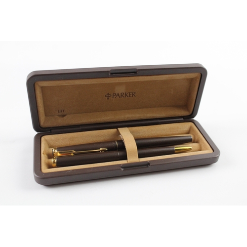 448 - Vintage Parker 50 Falcon Brown Fountain Pen w/ Gold Plate Nib WRITING Boxed