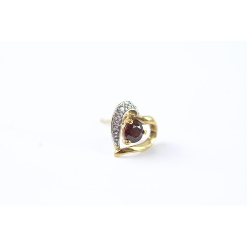 50 - 9ct gold garnet & diamond heart shape stud earrings (1.1g)