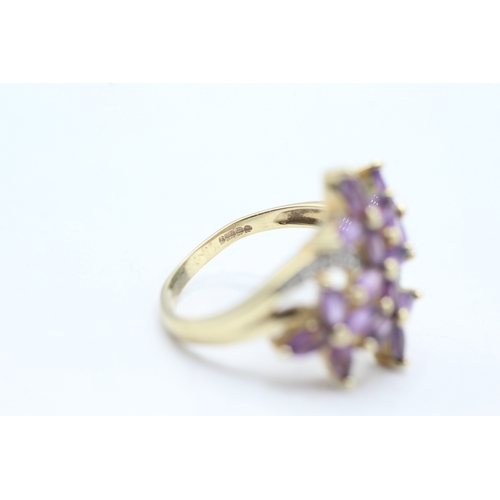 51 - 9ct gold amethyst and diamond flower cluster set ring (4.7g) Size U