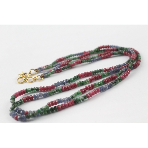 58 - 18ct gold ruby, emerald & sapphire faceted bead two row necklace