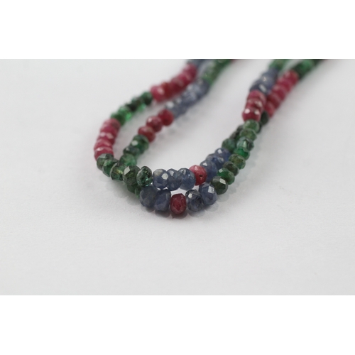 58 - 18ct gold ruby, emerald & sapphire faceted bead two row necklace