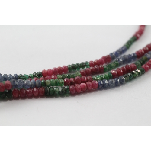 58 - 18ct gold ruby, emerald & sapphire faceted bead two row necklace