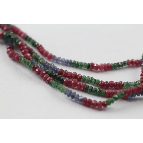 58 - 18ct gold ruby, emerald & sapphire faceted bead two row necklace