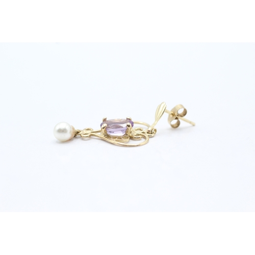 77 - 9ct gold pearl and amethyst drop stud earrings (1.7g)