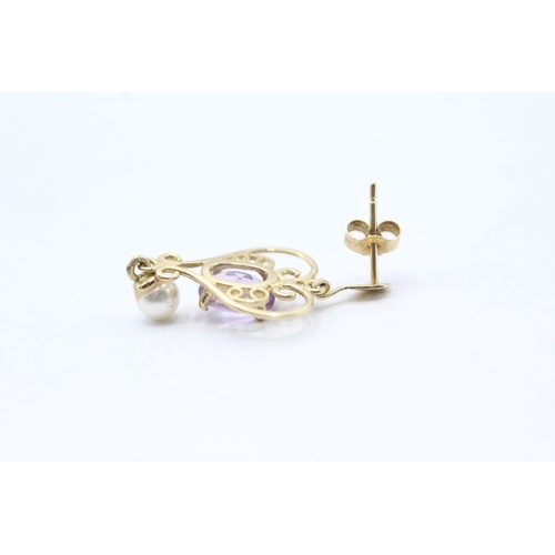 77 - 9ct gold pearl and amethyst drop stud earrings (1.7g)