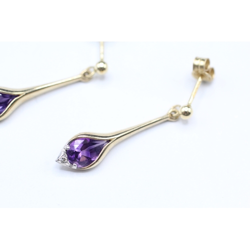 83 - 9ct gold amethyst and diamond drop stud earrings (1.9g)