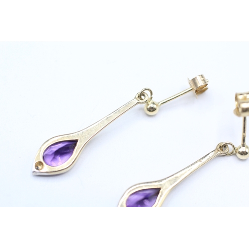 83 - 9ct gold amethyst and diamond drop stud earrings (1.9g)