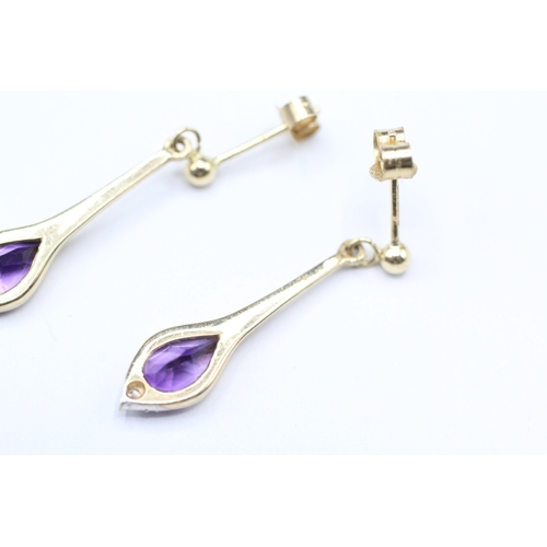 83 - 9ct gold amethyst and diamond drop stud earrings (1.9g)