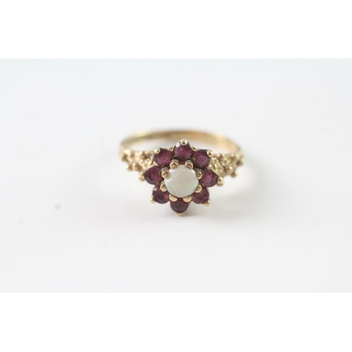 9 - 9ct gold ruby and opal floral cluster dress ring (2.1g) Size H