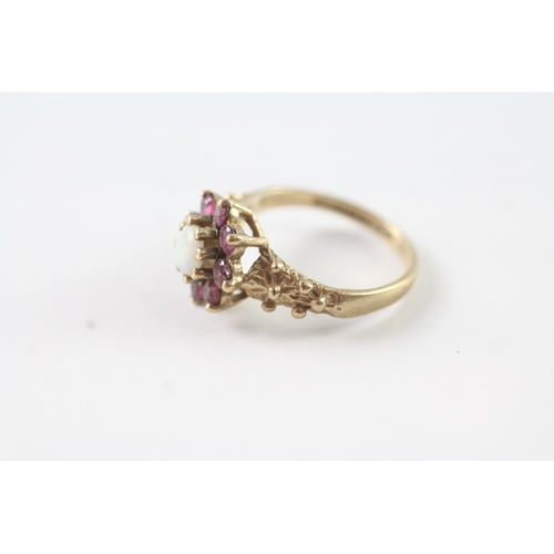 9 - 9ct gold ruby and opal floral cluster dress ring (2.1g) Size H