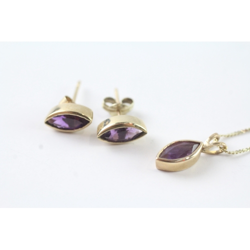 113 - 2x 9ct gold amethyst earrings & necklace set (2.5g)