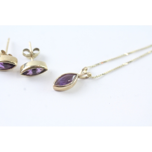 113 - 2x 9ct gold amethyst earrings & necklace set (2.5g)