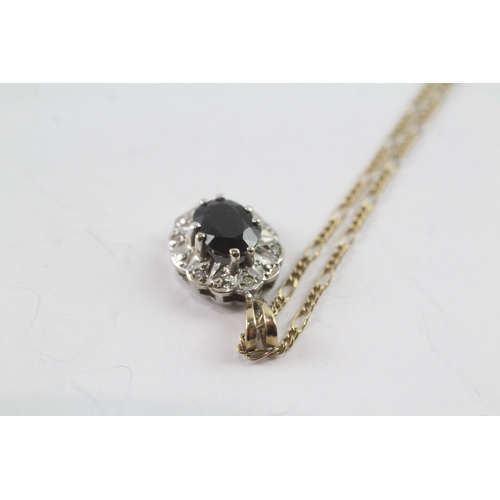 133 - 9ct gold vintage sapphire & diamond cluster pendant necklace