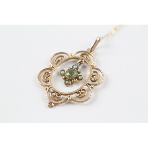 14 - 9ct gold vintage green gemstone & seed pearl pendant necklace