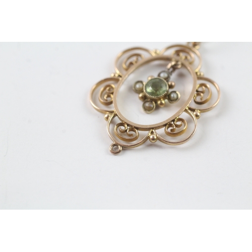 14 - 9ct gold vintage green gemstone & seed pearl pendant necklace